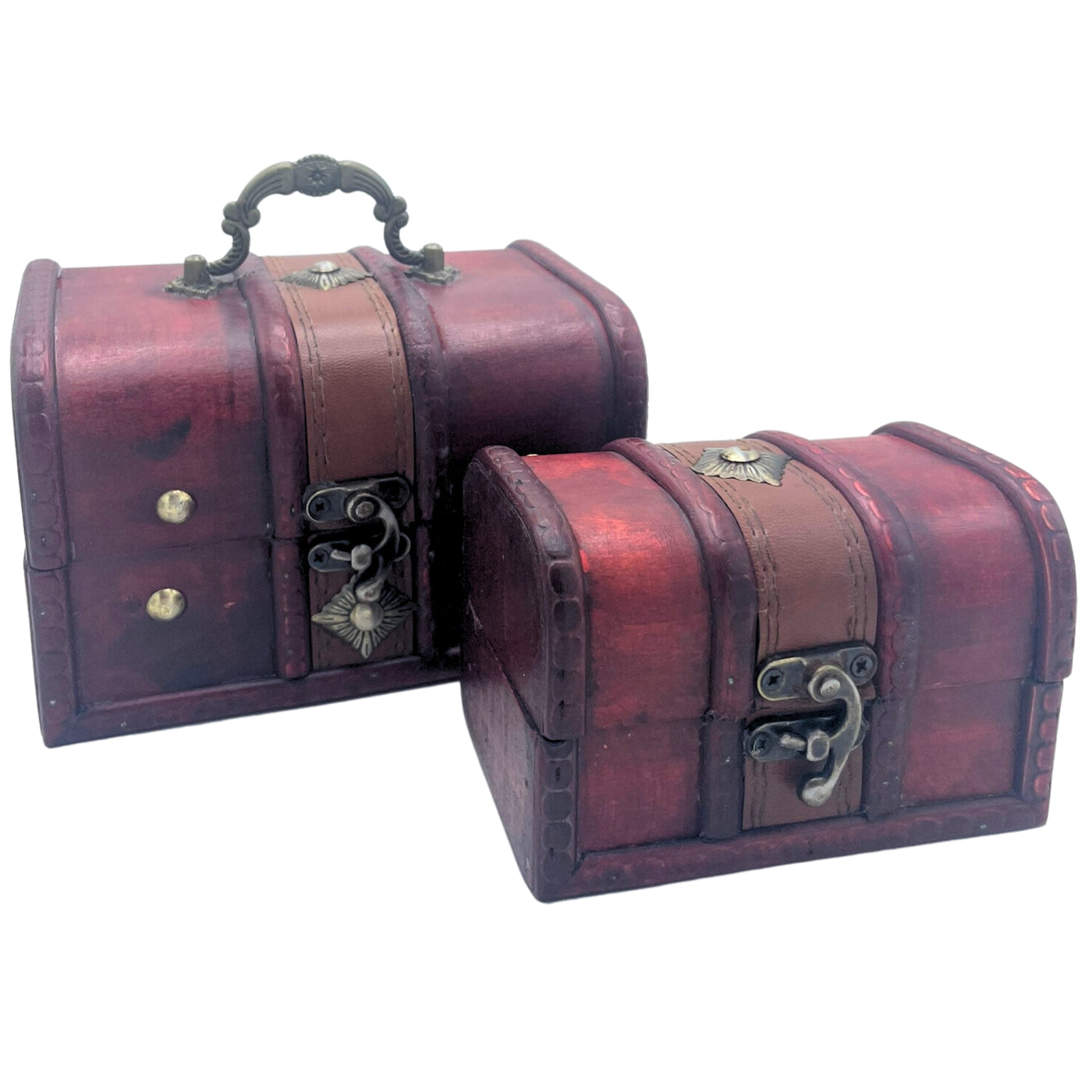 Set Of 2 Replica Antique Aged Leather And Wood Natural Storage Chest.