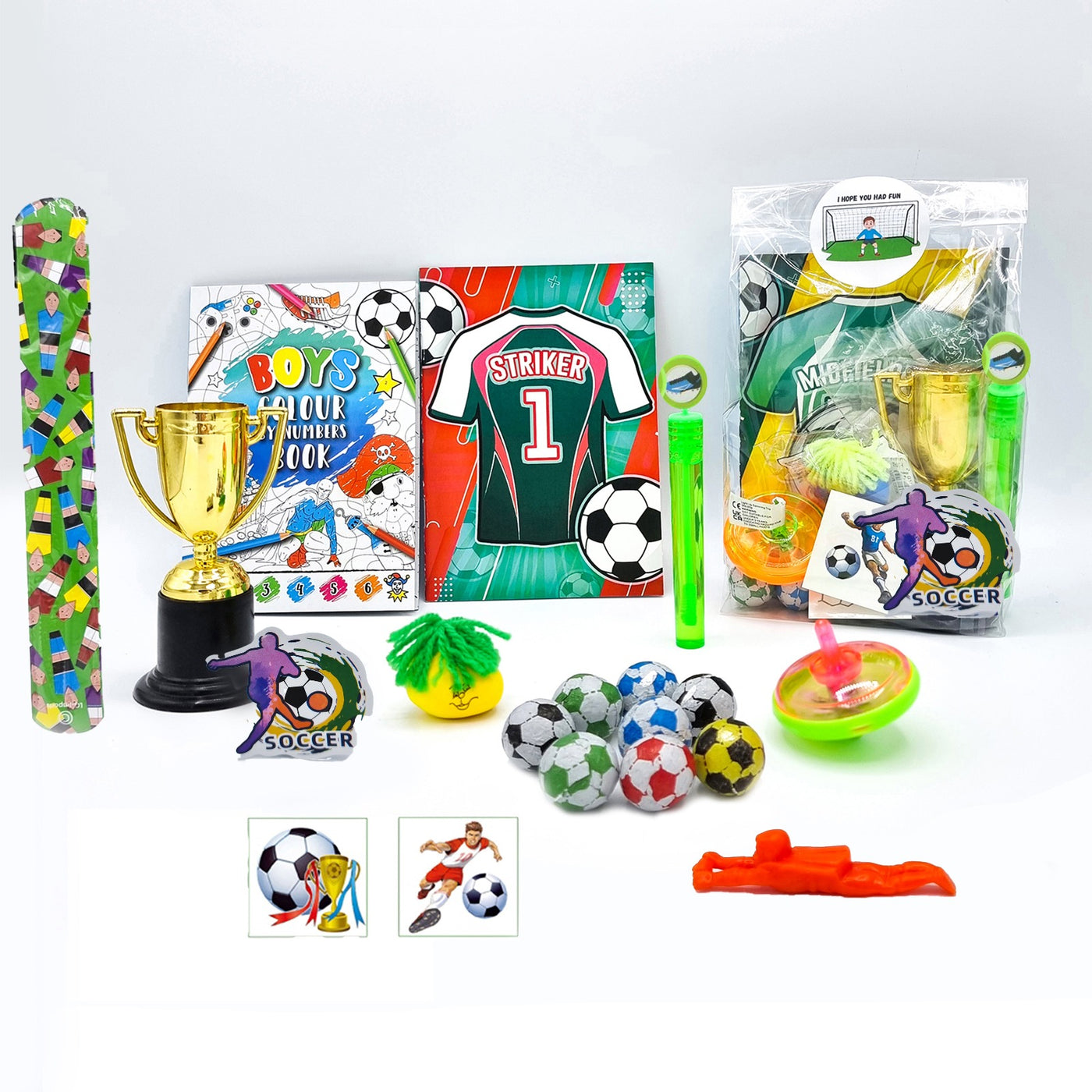 Children's Football Shirts Design Pre Filled Football Party Bags, Party Favours With Toys, Football Trophy And Sweets.