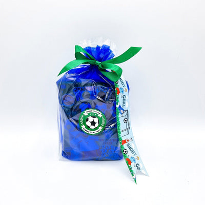 Pre-filled Blue Football Party Bags For Children. Party Favours With Sweets And Toys.