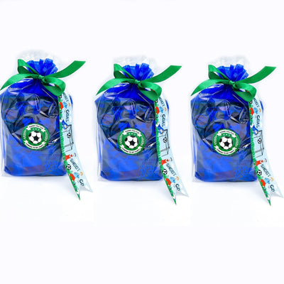 Pre-filled Blue Football Party Bags For Children. Party Favours With Sweets And Toys.