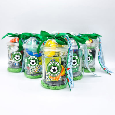 Pre Filled Football Party Bags In Mini Vintage Jars With Sweets And Toys. Football Party Favours For Boys And Girls.