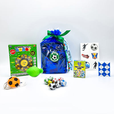 Pre-filled Blue Football Party Bags For Children. Party Favours With Sweets And Toys.