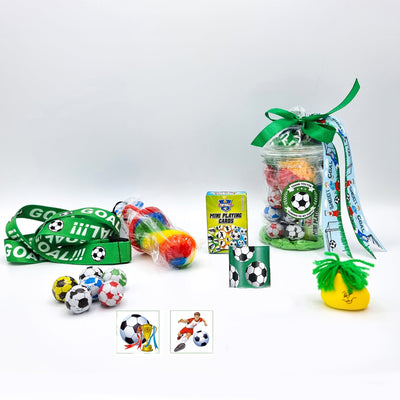 Pre Filled Football Party Bags In Mini Vintage Jars With Sweets And Toys. Football Party Favours For Boys And Girls.