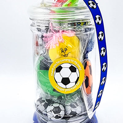 Pre Filled Birthday Football Party Goody Bags In Vintage Jars With Toys And Sweets, Sport Party Favours.