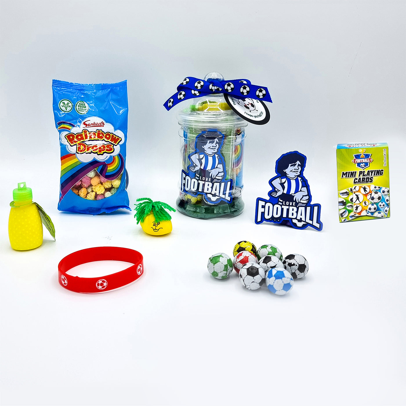 Pre Filled Football Birthday Party Favours In Vintage Style Jars With Toys, Maradona Fridge Magnets And Sweets For Boys And Girls.