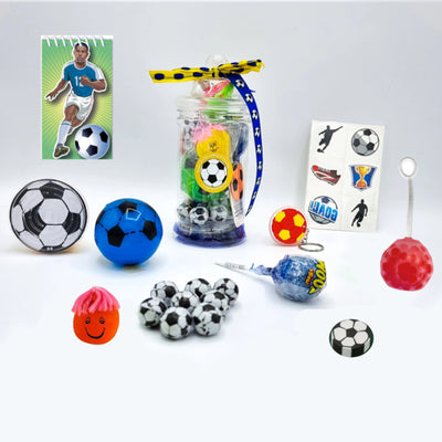 Pre Filled Birthday Football Party Goody Bags In Vintage Jars With Toys And Sweets, Sport Party Favours.