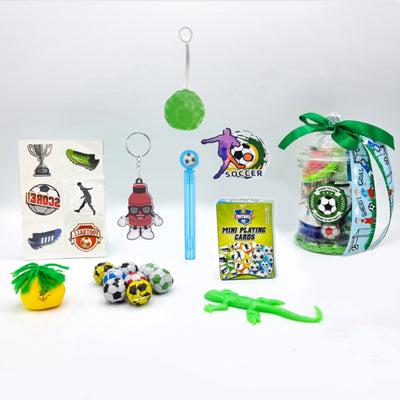 Pre Filled Football Party Bags In Vintage Jars With Sweets And Toys.