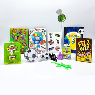 Pre Filled Football Party Bags With Toys, Vegetarian Sweets, And Activity Books.