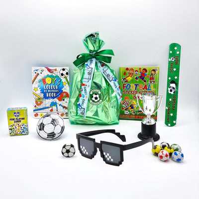 Pre-filled Boys Green Gold Football Party Goody Bags With Toys And Vegan Sweets.