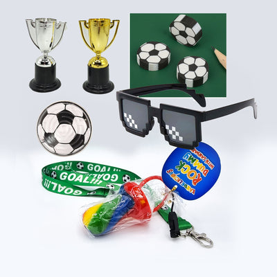 Pre-filled Boys Green Gold Football Party Goody Bags With Toys And Vegan Sweets.