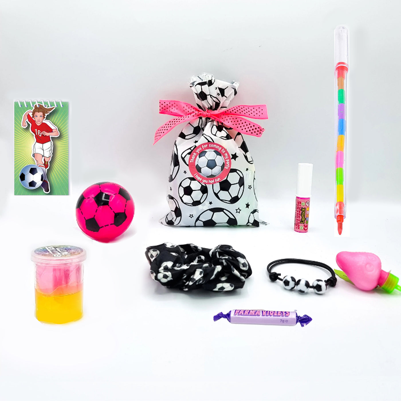 Pre Filled Girls Pink Football Birthday Party Goody Bags With Toys And Sweets, Favours, Gifts, Treat Bags.