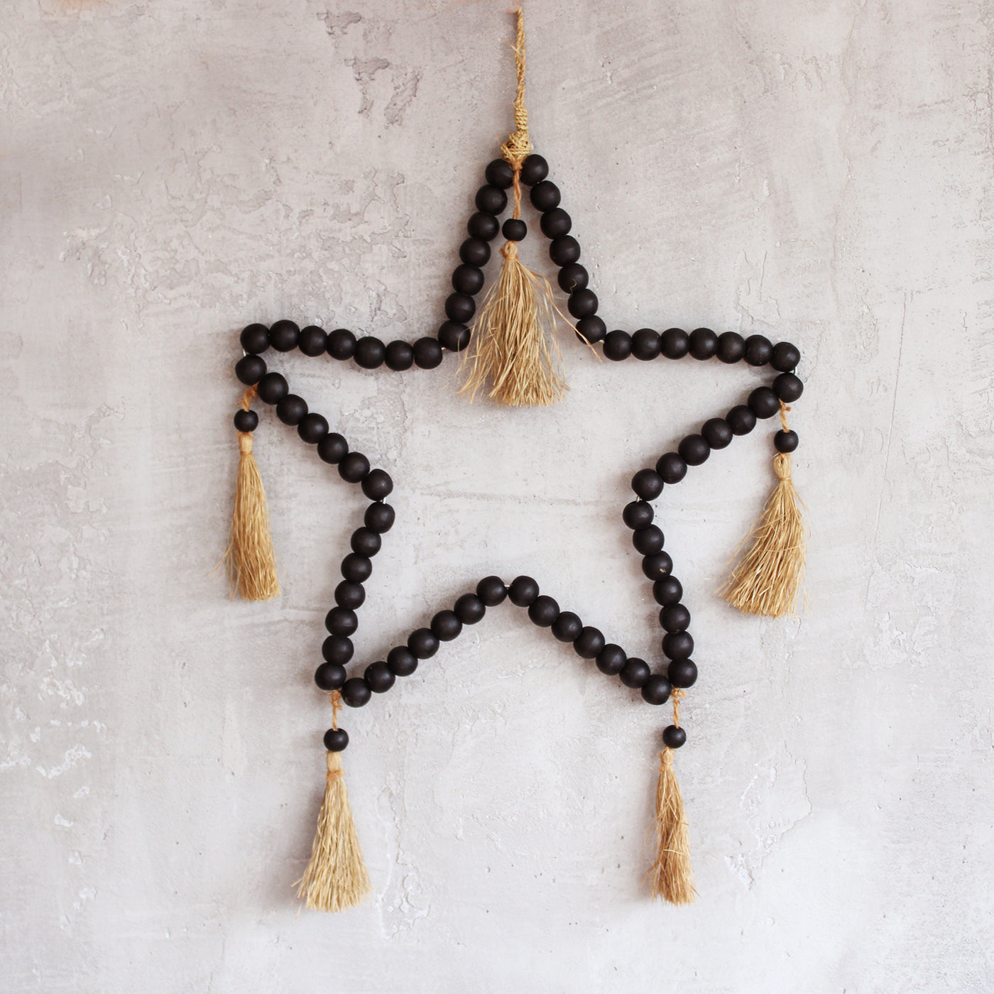 Natural Hanging Raffa Leaf Star Beaded Hanging Wall Art 58 x 38cm.