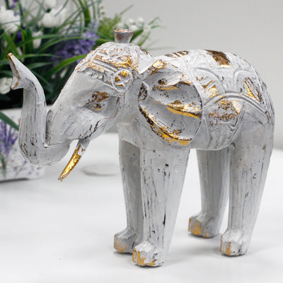 Wood Hand Carved Elephant Ornament - White Gold.