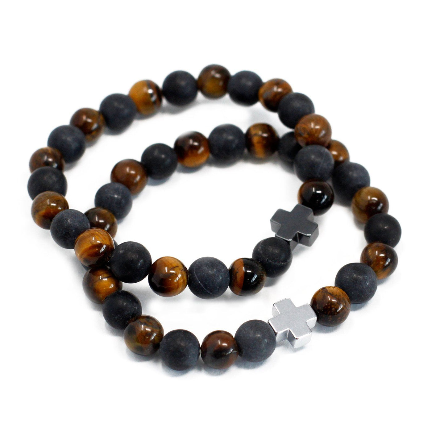 Set of 2 Unisex Tiger Eye & Black Stone Gemstones Power Friendship Bracelets 