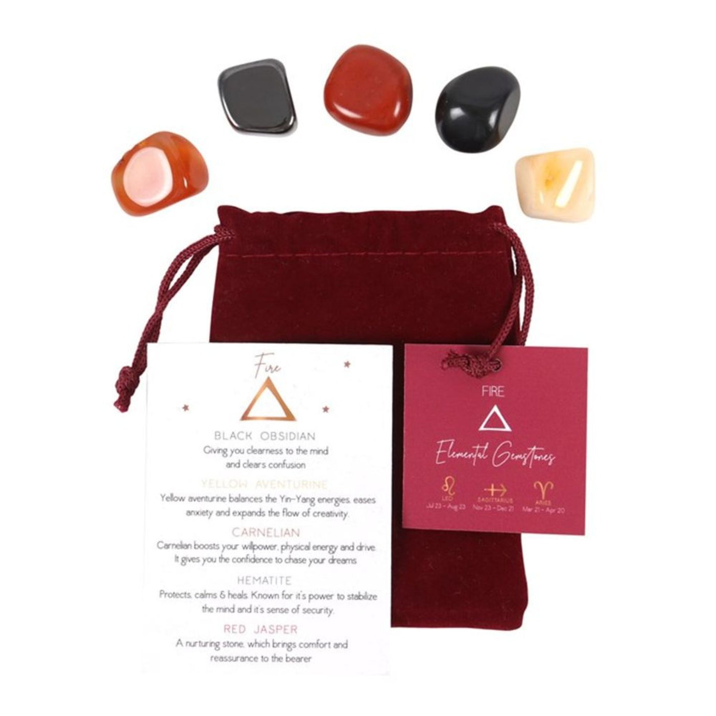 Fire Element Tumble Gemstone Set In Red Velvet Gift Pouch.