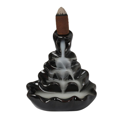 4-Tier Ripple Mountain Black Glossy Backflow Incense Burner.